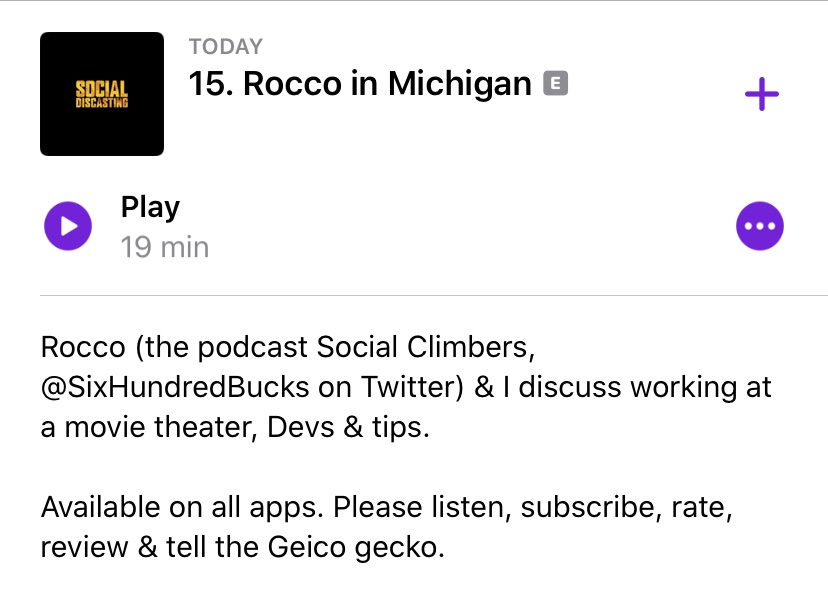Folks, ep 15 is up w/ my guest  @SixHundredBucks of  @SocialClimbPod. Rocco rules.Please listen, subscribe, rate & review. Please RETWEET I beg of you.