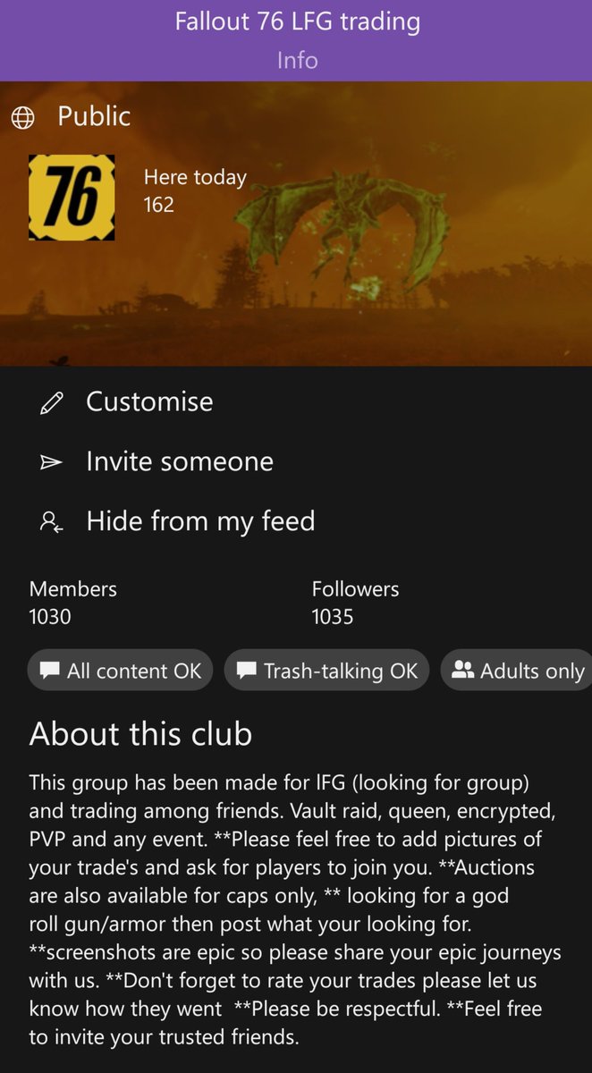 bellaCosmic's tweet photo. Giveaway live on my Xbox club as we hit over 1000 members 💜💜 come join us #Fallout76 #Fallout #fallout76wastelanders #XboxShare #xboxclubs https://t.co/4JxUb84CIl