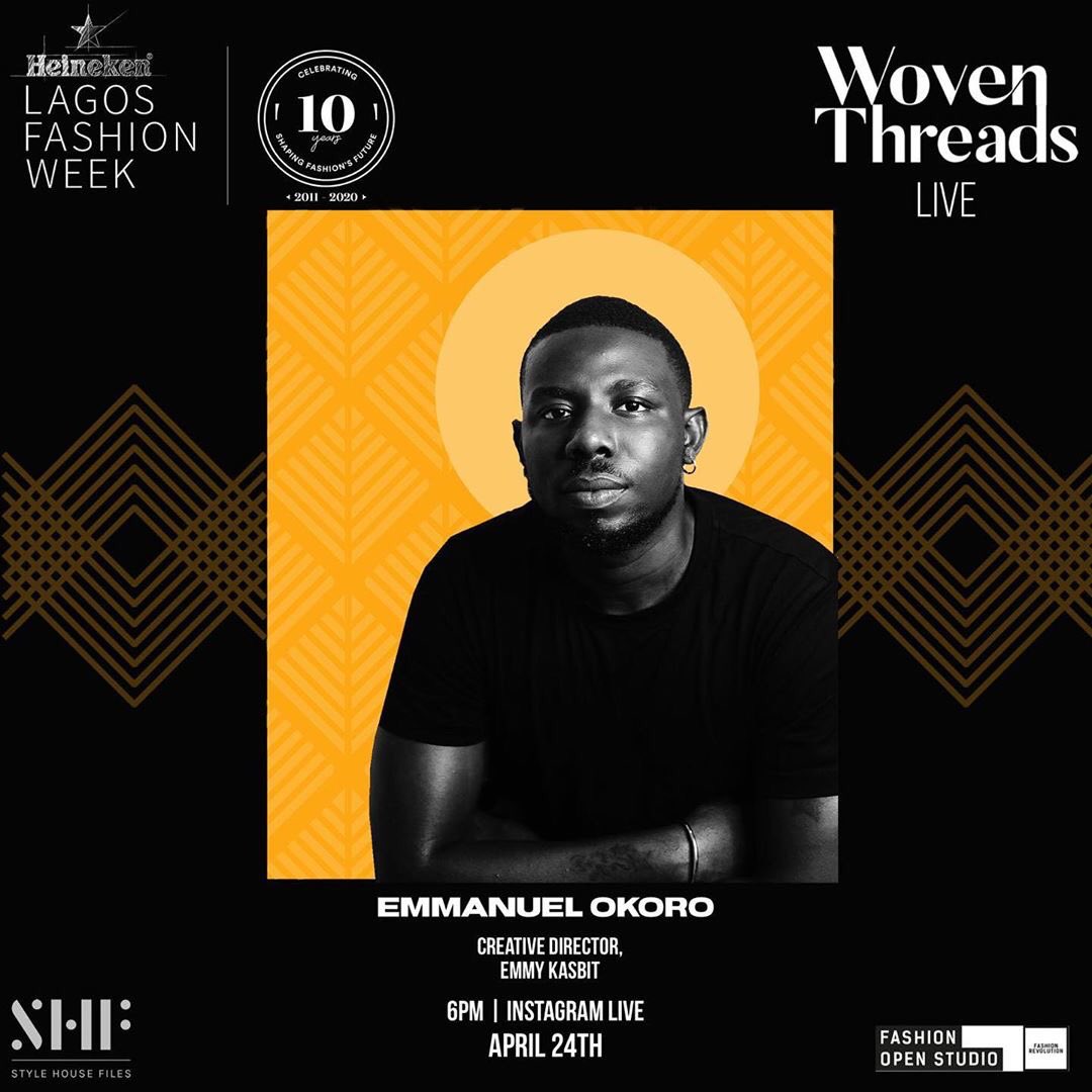 LFW_NG's tweet photo. Emmanuel Okoro @callmeokem #EmmyKasbit joins us tonight for our last IG Live #WovenThreads series. He will discuss his journey from Fashion Focus, his passion for his local community and updating cultural practices to suit a new global customer.
Tune in to our IGLive at 6pm. https://t.co/MVBHWpgbtY