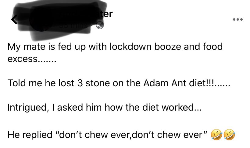 heelsplease's tweet photo. Funniest Facebook post of the day 😂  #80spop #adamandtheants #adamant #Isolation #isohumour #IsolationLife #isolationjokes #diets #weightloss #laughing #joke #humour https://t.co/WLnq0yKUsA