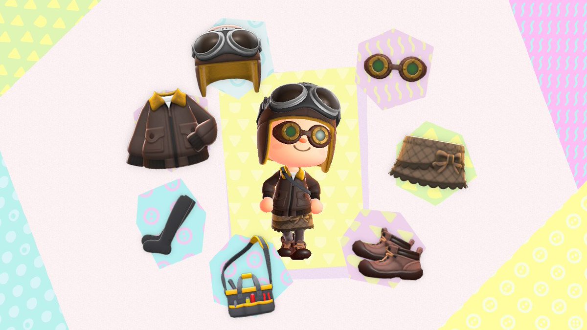 Adventure is out there! From perilous Paradise Falls in South America are the flight jacket and pilot's cap, with a tweed frilly skirt to match. Everyday tights, trekking shoes, and the tool bag are necessary parts of the adventure, and steampunk glasses DOUBLE our goggles!