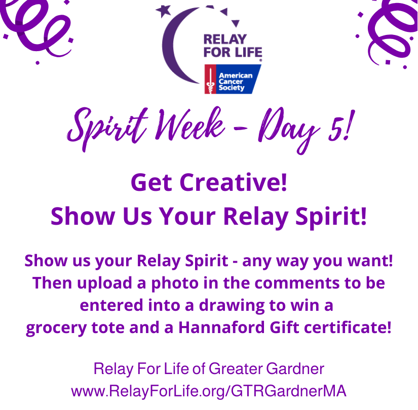 GtrGardnerRFL's tweet photo. We've had so much fun this week! We hope you have had as much fun as we did! To end this awesome week, we want you to show us your Relay Spirit! Head over to our Facebook page to participate! #relayforlife #relayforlifegreatergardner https://t.co/1X1VIUpq4c