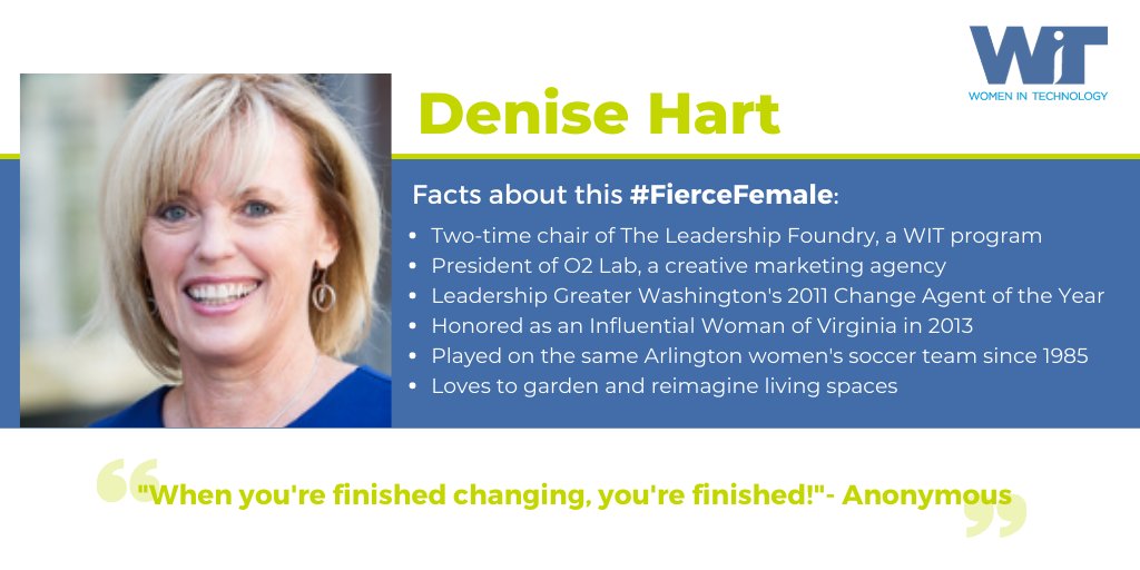 WITWomen's tweet image. Meet @denisehart, this week's #FierceFemaleFriday! Denise is the two-time chair of @WIT_TLF, a marketing expert at @O2Lab and a passionate home renovator. 

Nominate yourself or other #WITWomen for the chance to be featured: ow.ly/H4Yz50yFeo4

#WITWomen #WomenInTech