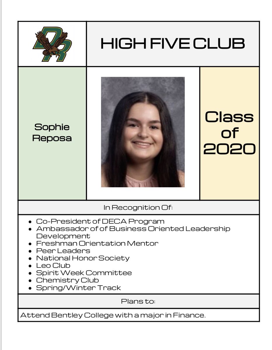 Congratulations to this month’s virtual High Five Club recipients! These seniors show leadership in the classroom, on the field, and in our community. Great job! 

🏆: Ben Cabral, Caitlin Correia, Isaiah Lubrano, and Sophie Reposa