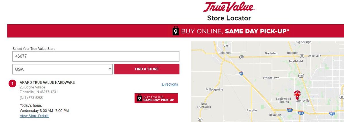You can now purchase online and pick up the same day. Go to sameday.truevalue.com and enter 46077 to find us. While this website has a lot of our items, if there is something you are looking for that you don’t see online like Ben Moore paints feel free to call us.