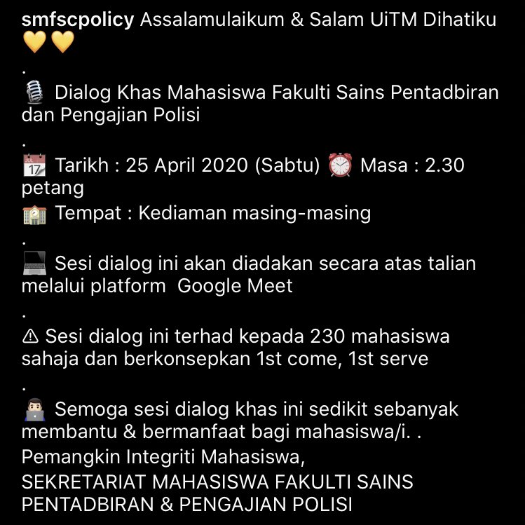 smfscpolicy's tweet photo. DIALOG KHAS MAHASISWA BERSAMA PENGURUSAN FSPPP ESOK 25 APRIL 2020 2.30 PETANG https://t.co/gCmGu74sWU