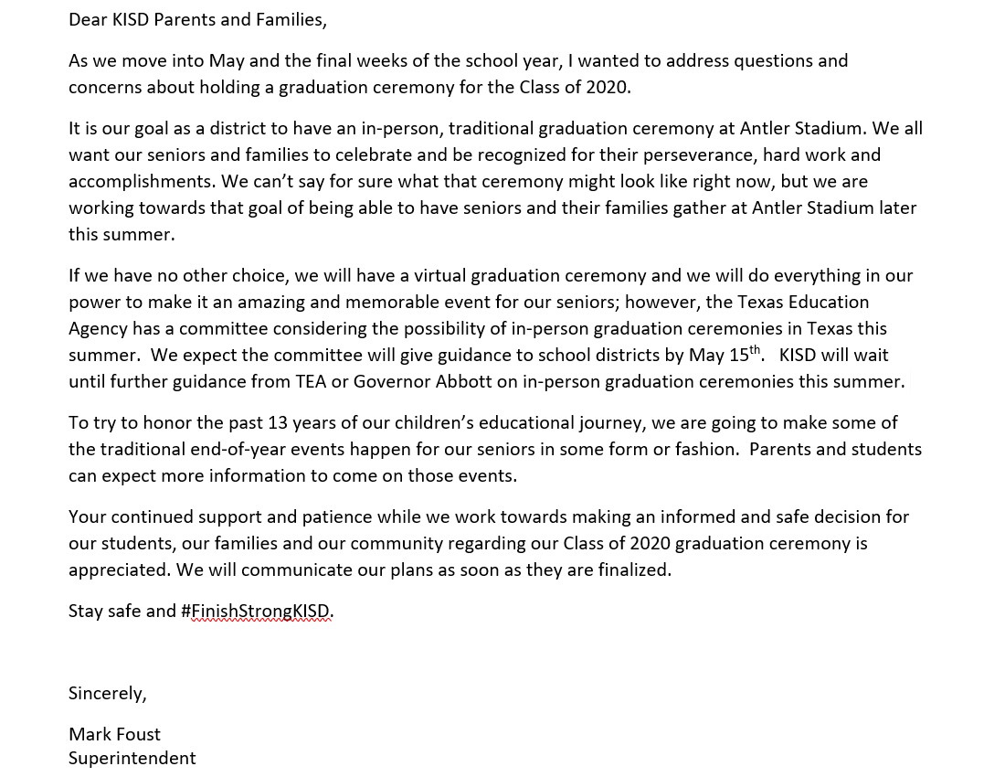 kerrvilleisd's tweet photo. A letter from Superintendent Mark Foust about graduation: 
#VirtualKISD #FinishStrongKISD https://t.co/3Ui4pp6Kkr
