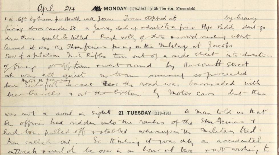 This handwritten account by JR Clark, a civil servant with the OPW, describes his experiences during The Rising. It is online  @UCDDigital ( http://digital.ucd.ie/view/ivrla:30531) and is transcribed here by  @MOF1916  https://twitter.com/mof1916/status/1100704926752219136?s=21