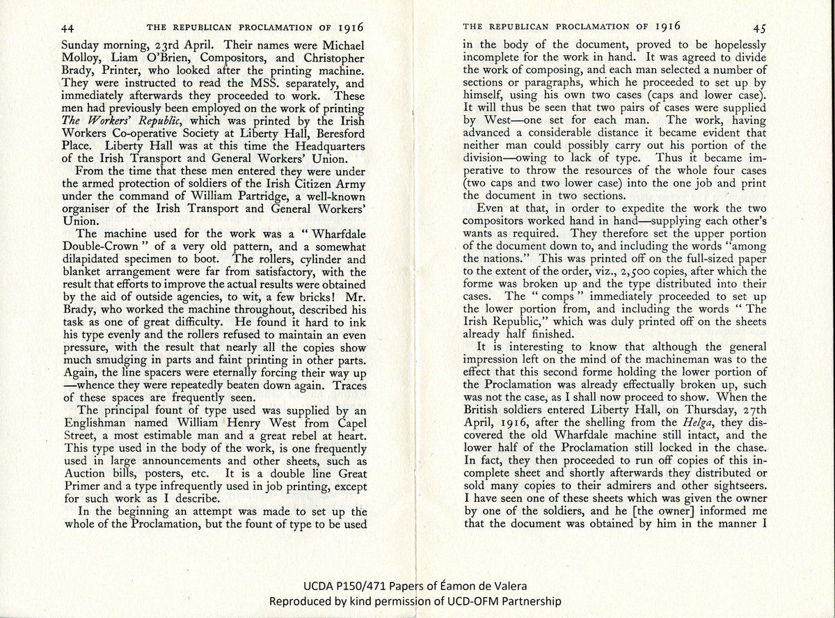 The Bibliographical Society of Ireland published a paper about the printing of the 1916 Proclamation in 1936. This offprint was kept by Éamon de Valera (UCDA P150/471) .