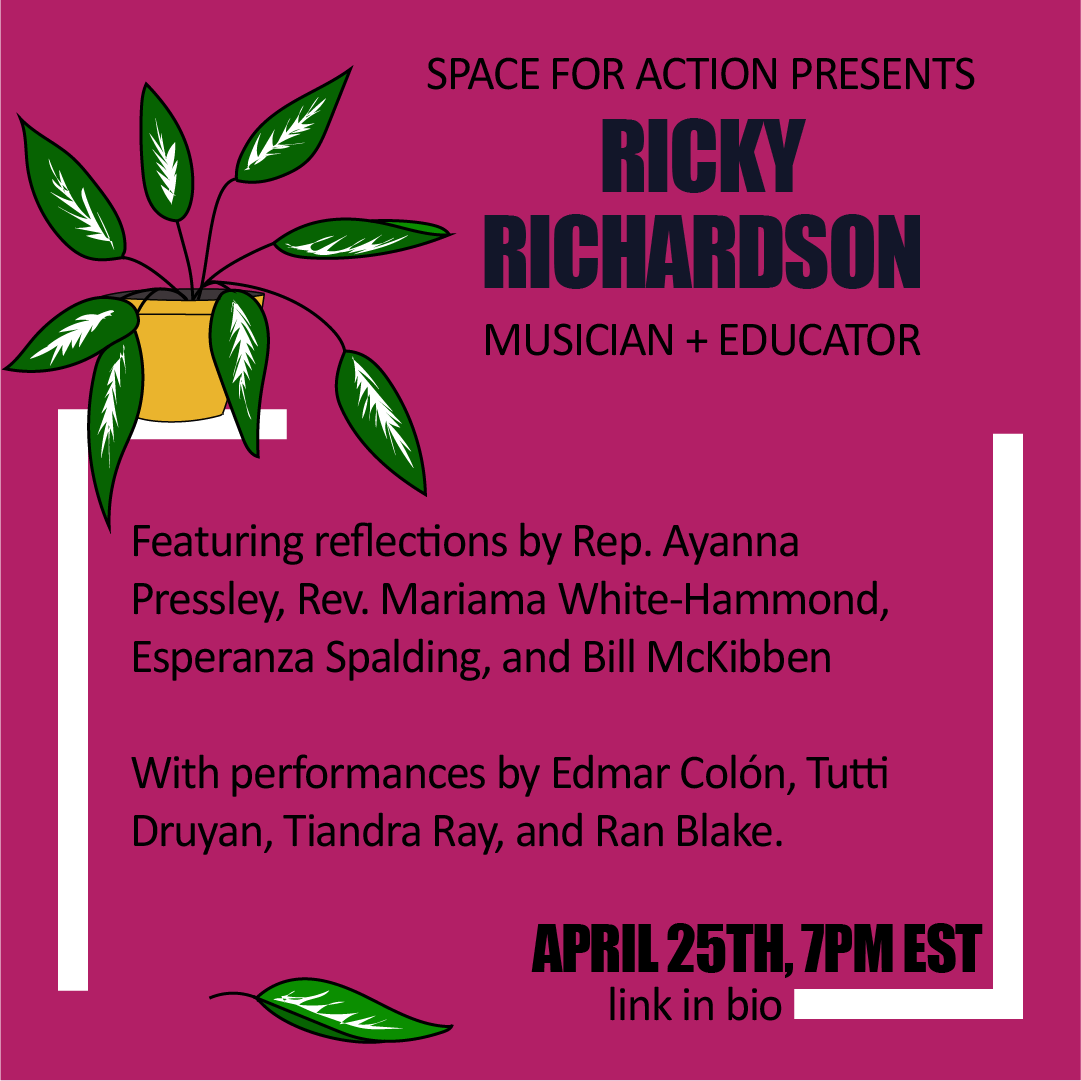 space4action's tweet photo. Artist Spotlight for Space For Action: Rebuilding a Sustainable World - Ricky Richardson! MIT alum, jazz vocalist, and Boston Educator. Sat, 4/25 at 7pm. Register Here: https://t.co/EfGOWgUcFI
#jazz #jazzvoice #EarthDay2020 #environmentalism #spaceforaction #climateactivism https://t.co/SJq1pvHVrE