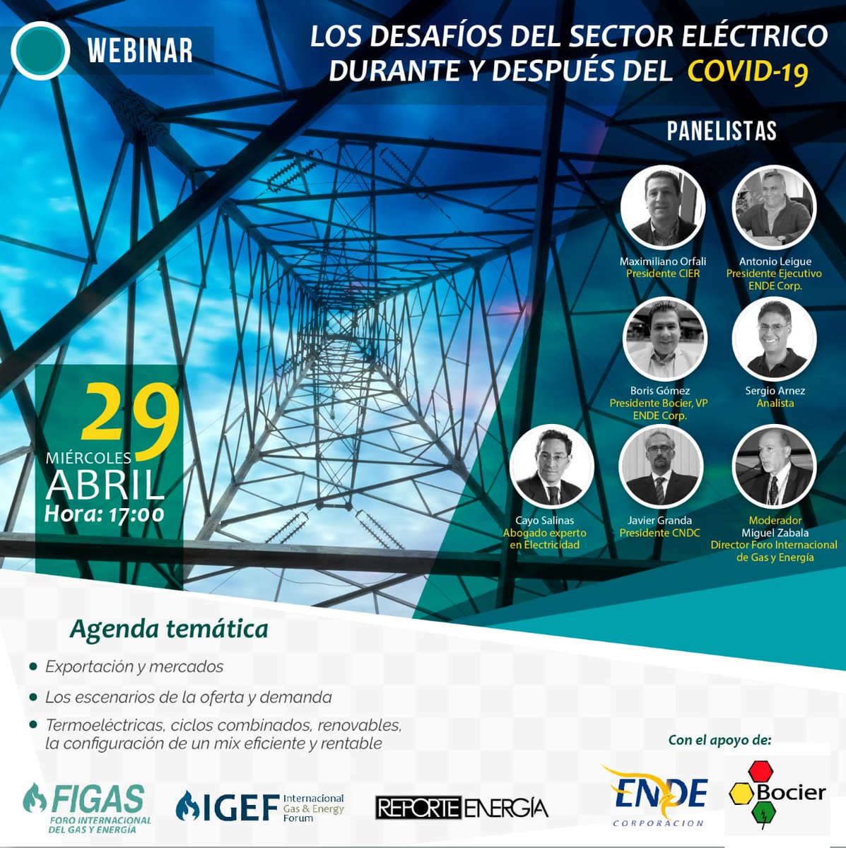 #Webinar Desafíos del sector eléctrico #Covid19 
Panelistas: presidente <a href="/CIER_Energia/">CIER - Comisión de Integración Energética Regional</a> Maximiliano Orfali, presidente <a href="/ENDECORPORACION/">ENDE Corporación</a> @LeigueHumberto,
presidente <a href="/Bocier3/">BOCIER</a> y VP <a href="/ENDECORPORACION/">ENDE Corporación</a> <a href="/BorisSGomezU/">Boris Santos Gómez Úzqueda</a>
Analista <a href="/arnez_sergio/">SergioArnezMorales</a>
Presidente CNDC Javier Granda y 
abog <a href="/CayoSalinas/">Cayo Salinas Instagram:cayo.salinas</a>