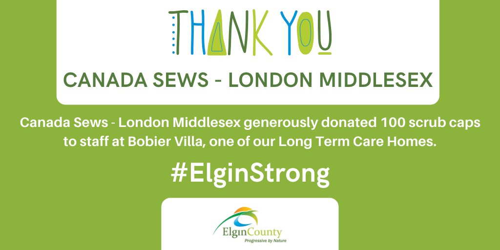 A HUGE shoutout to Canada Sews - London-Middlesex, who generously donated 100 scrub caps to the staff at Bobier Villa, one of our Long Term Care Homes.

We are so grateful for the #ElginStrong community that we live in. A positive reminder that we are #AllInThisTogether!!