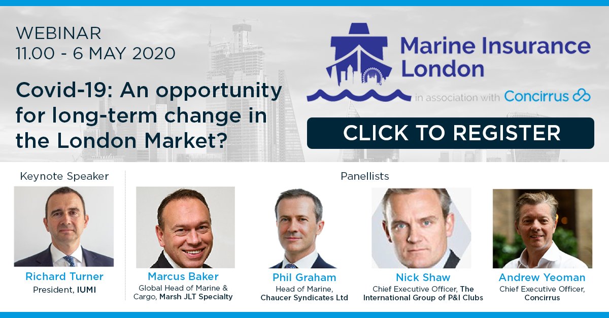 Join us for the 'Covid-19: An Opportunity for Long-Term Change?' Webinar on 6th May  11.00-12.00 BST with <a href="/MarineLondon20/">Marine Insurance London</a>.

Register here: bit.ly/2Kw9UXU

#marine #insurance #insurtech #webinar