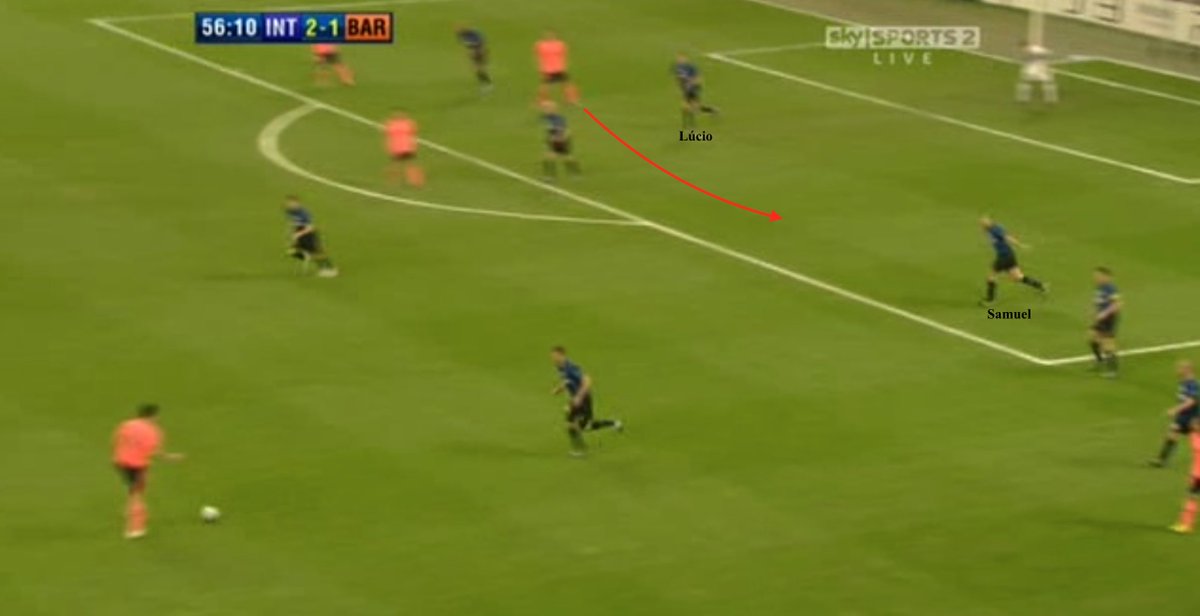 - There was a period of play which encapsulates this:Phase 1) A big gap appears between Zanetti (LB) & Samuel (left CB)- Ibra doesn't make run into the spacePhase 2) 11 seconds later,the gap is between Samuel & Lúcio in a similar space- Samuel is struggling. No run from Ibra