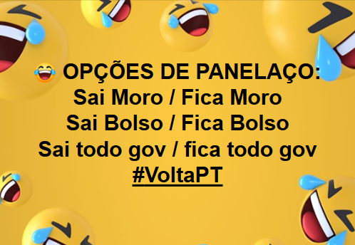 italovalerio's tweet photo. Seguem as opções do cardápio gourmet de #Panelaço para as próximas semanas.
#ForaBolsonaro #TchauQuerido #bolsonarotraidor #ForaPSL #VoltaPT https://t.co/Vx0le0DkEb