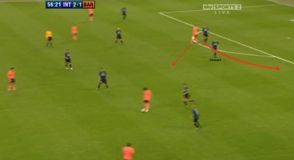 Phase 3) Another 11 seconds later, the large gap between Zanetti & Samuel re-appears- still no run from Ibra5 mins later,Pep's patience ran out and Ibra was hooked after 61 minutes- he suffered the ignominy of Abidal coming on at LB & natural LB Maxwell moving to the left wing