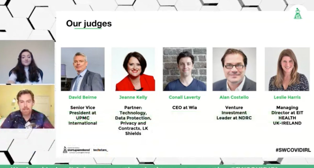 Some great judges for <a href="/SWIreland_/">SW Ireland</a> including David Beirne (<a href="/UPMC/">UPMC</a>), Jeanne Kelly (<a href="/lkshields/">LK Shields Solicitors LLP</a>), <a href="/ConallLaverty/">Conall Laverty</a> (<a href="/wiaio/">Wia</a>), @alanjcostello (<a href="/NDRC_hq/">NDRC</a>) and <a href="/LittleVenetian/">Leslie Harris</a> (@EITHealth_UKI).
#SWCovidIrl