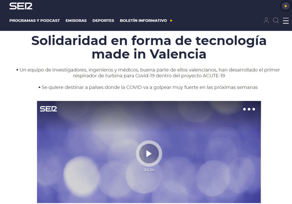19Acute's tweet photo. La cadena Ser titula: “Solidaridad en forma de tecnología made in Valencia https://t.co/k2QvrqCbOy https://t.co/0fNY0pg8xq
