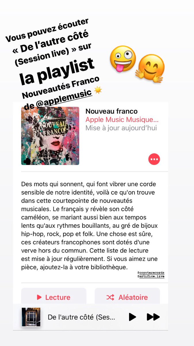 Vous pouvez écouter « De l’autre côté (Session live) » sur la playlist Nouveautés Franco de <a href="/applemusic/">Apple Music</a> ☀️🤗🤪

music.apple.com/ca/playlist/no…