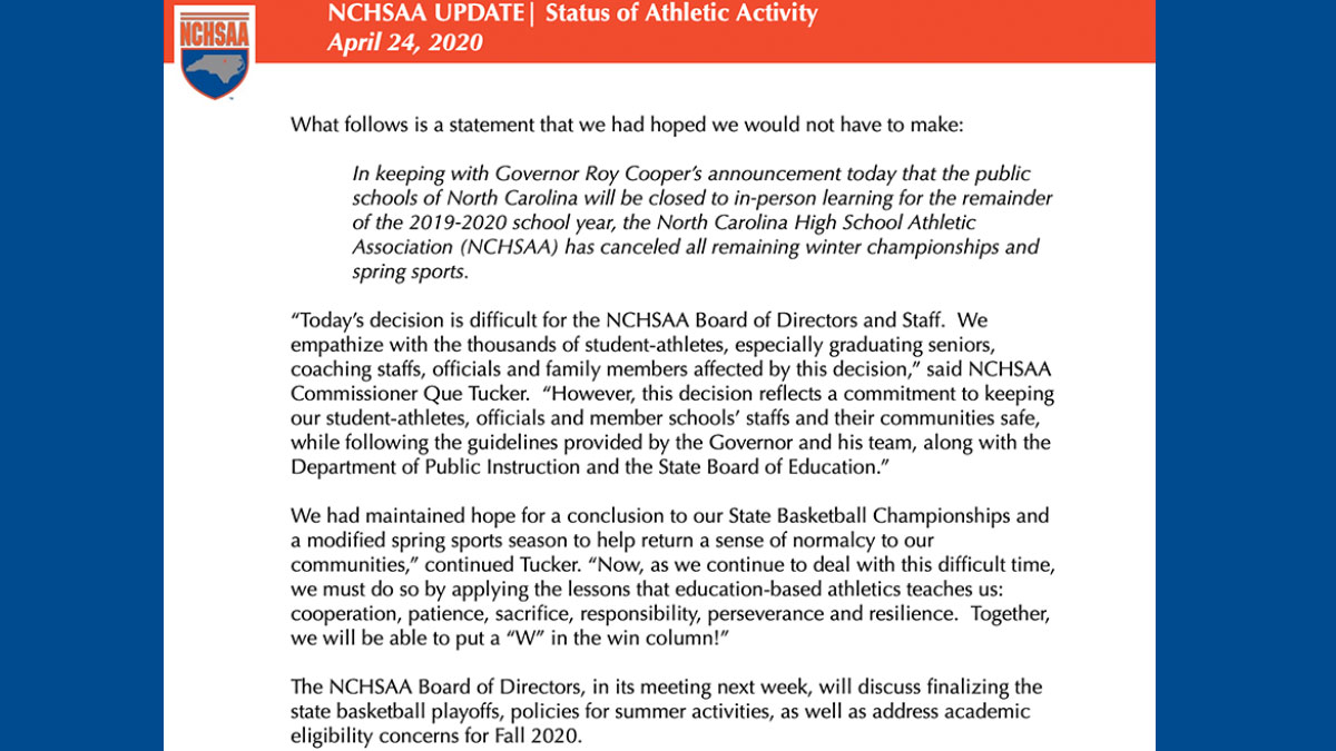 🚨NCHSAA Sports Update🚨
 
🔹All Remaining winter championships and spring sports are canceled. 
 
See full statement ➡️nchsaa.org/news/2020-4-24…
 
#NCHSAA