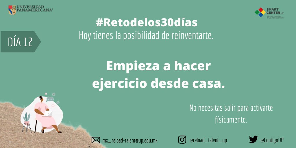 ContigoUP's tweet photo. Hacer ejercicio te ayudará a despejar tu mente de la situación actual y a tener más energía para cumplir todos tus proyectos.
#Reto30 #SmartCenter #Reload&Talent #StayHome https://t.co/48hduHXSHX