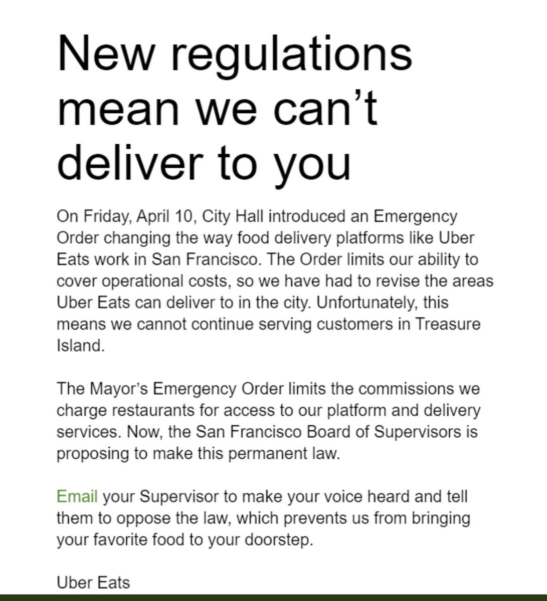 This is DESPICABLE, outrageous behavior from  @UberEats. They are now saying that they can no longer deliver to Treasure Island residents bc of new regulations capping commissions. So they are RETALIATING against SF by punishing one of our most low income, isolated communities