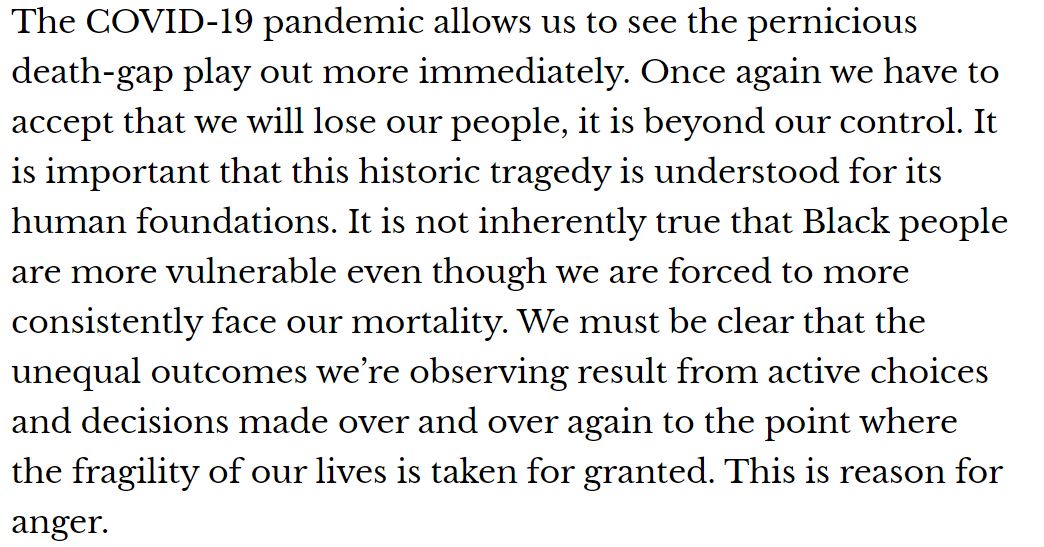 "We must be clear that the unequal outcomes we’re observing result from active choices and decisions made over and over again to the point where the fragility of our lives is taken for granted. This is reason for anger."   #Fuck12Friday  @Damon_AF