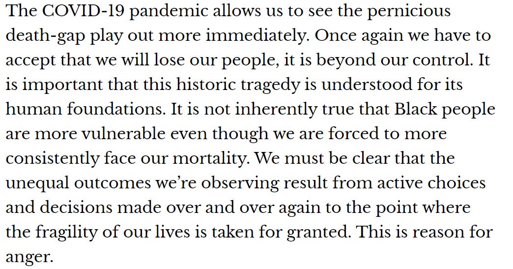 "We must be clear that the unequal outcomes we’re observing result from active choices and decisions made over and over again to the point where the fragility of our lives is taken for granted. This is reason for anger."  #Fuck12Friday  @Damon_AF