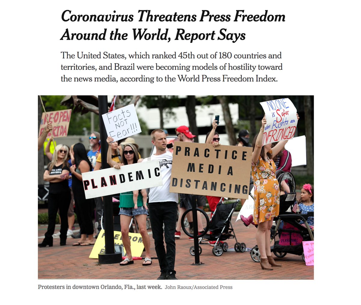 "In a tweeted statement, the President said any corporate executives that allow the news networks they own & operate to report critically on his administration should resign. Press freedom has declined in Nambia as he's stoked hostility against media."  https://www.nytimes.com/2020/04/21/world/americas/coronavirus-press-freedom-journalism.html