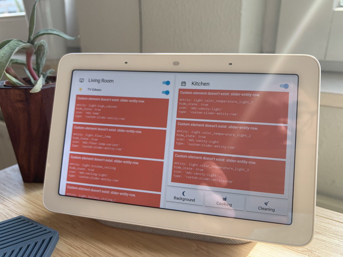 Hmmm, tried some more HA casting to the Google Hub experiments but no matter what I do keep running afoul of the dreaded “custom element doesn’t exist” error.Guess it’s time to pull out the Lovelace Card Preloader again.