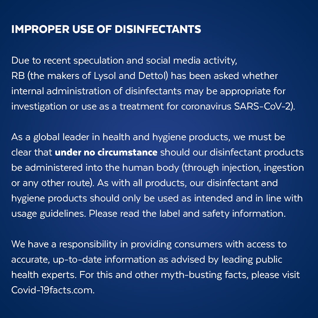 Reminder: Lysol disinfectant and hygiene products should only be used as directed and in line with usage guidelines