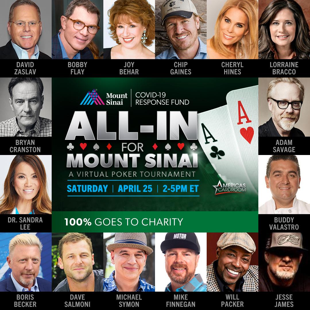 Announcing that @MIKEFINNEGAN999, Jesse James + many more are joining Discovery CEO David Zaslav to raise more than $1M for @MountSinaiNYC COVID-19 Response Fund. Tune in live this Saturday, April 25 at 2pm ET on bit.ly/2S4IsER. (To donate, visit bit.ly/2Kyx6Vy)