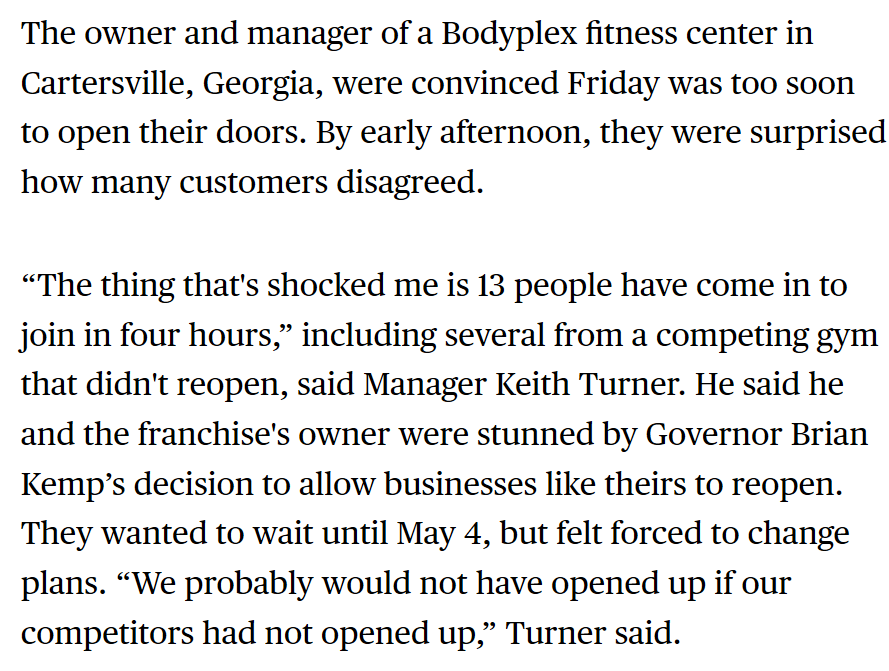 The manager of a gym in Georgia said he was surprised by how many people are already coming back after opening up today  https://www.bloomberg.com/news/articles/2020-04-24/georgia-county-steels-itself-to-reopen-despite-10-death-rate?sref=vuYGislZ