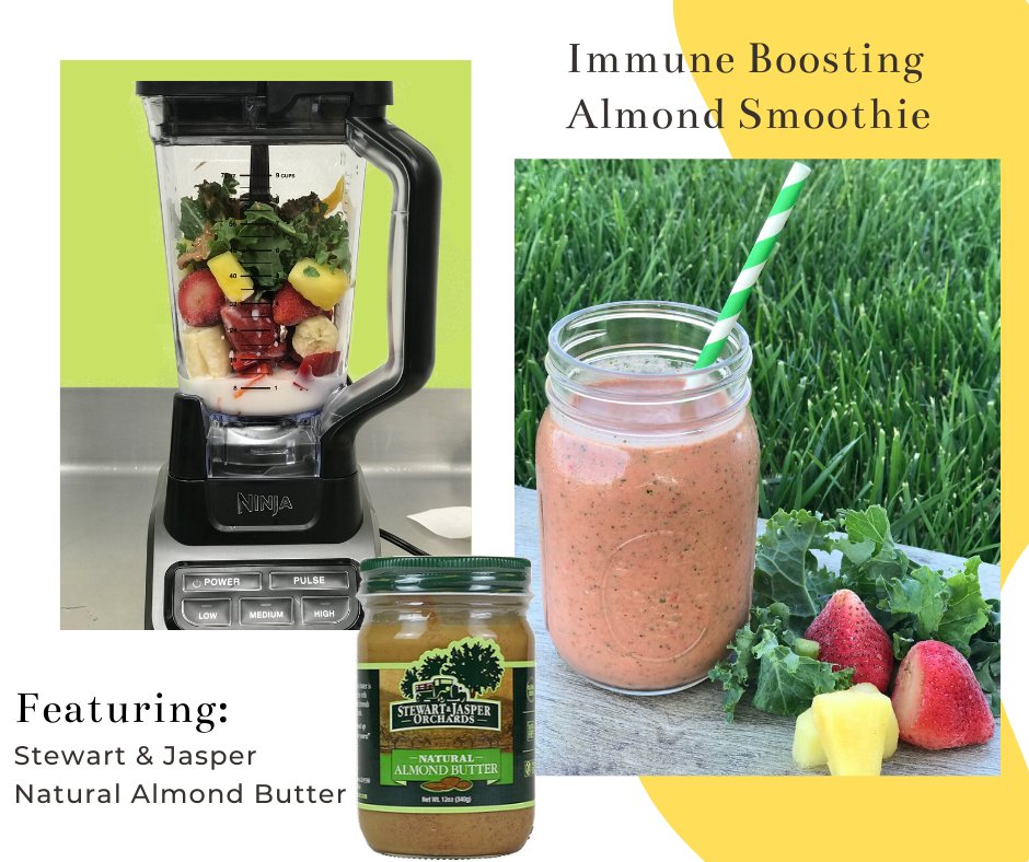 StewartJasper's tweet photo. MAY RECIPE OF THE MONTH! 
Ingredients:
-1 ½ cup frozen strawberries🍓
-1 sweet red bell pepper
-1 ripe banana🍌
-½ to 1 cup frozen pineapple🍍
-½ to 1 cup frozen mango chunks
-1 cup kale leaves 
-1 cup plain almond milk🥛
-2 tbsp. S&amp;J Almond Butter* 🤩 https://t.co/YEJdaeGZ2r
