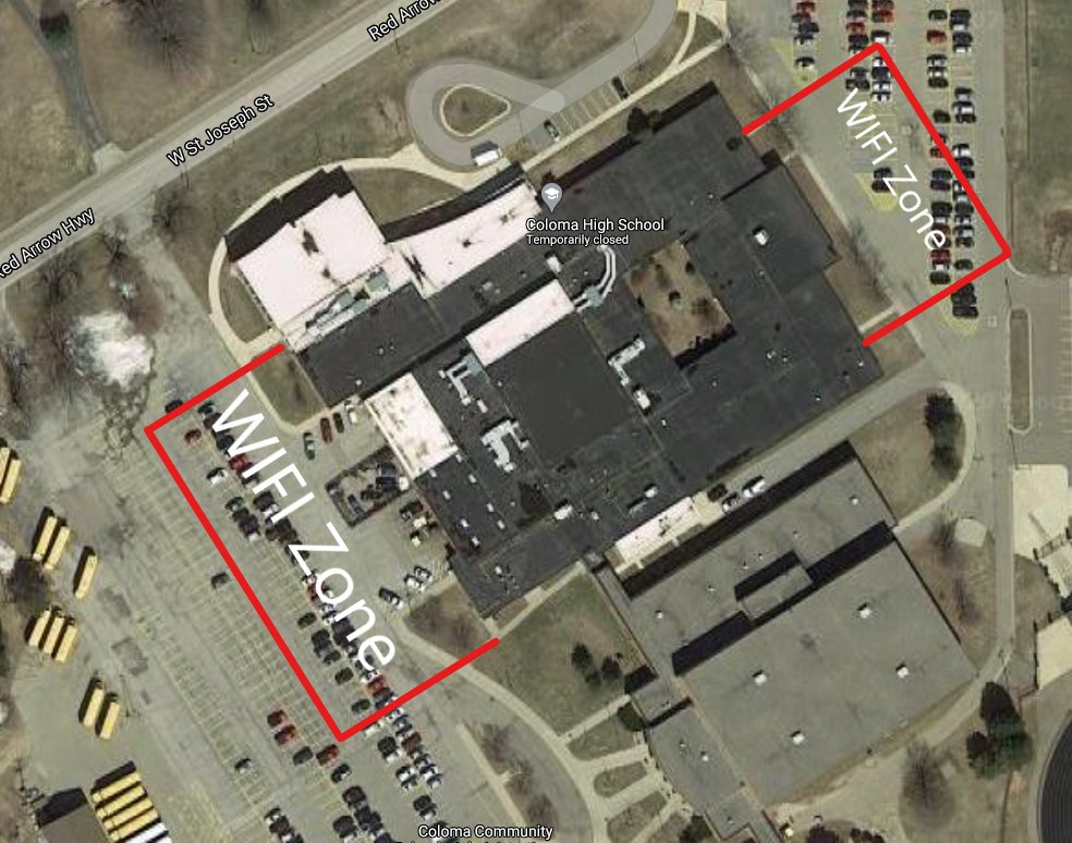 DaveEhlers_CCS's tweet photo. If any of our students in 3 - 12 working online need access to the internet, check out the High School parking lot.  We have tweaked our WiFi to increase the range.  The map shows were to park to acceses CCS WiFi. #CometPride #SchoolsGetItDone https://t.co/F0kaSA2iZo
