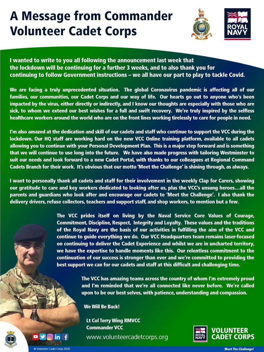 VCCcadets's tweet photo. #COVIDー19 | Message from Lt Col Terry Wing RMVCC, @CommanderVCC, to all @VCCcadets young persons, Parents, Guardians, Adult Volunteers and Supporters! https://t.co/fyhQPE1Aw8