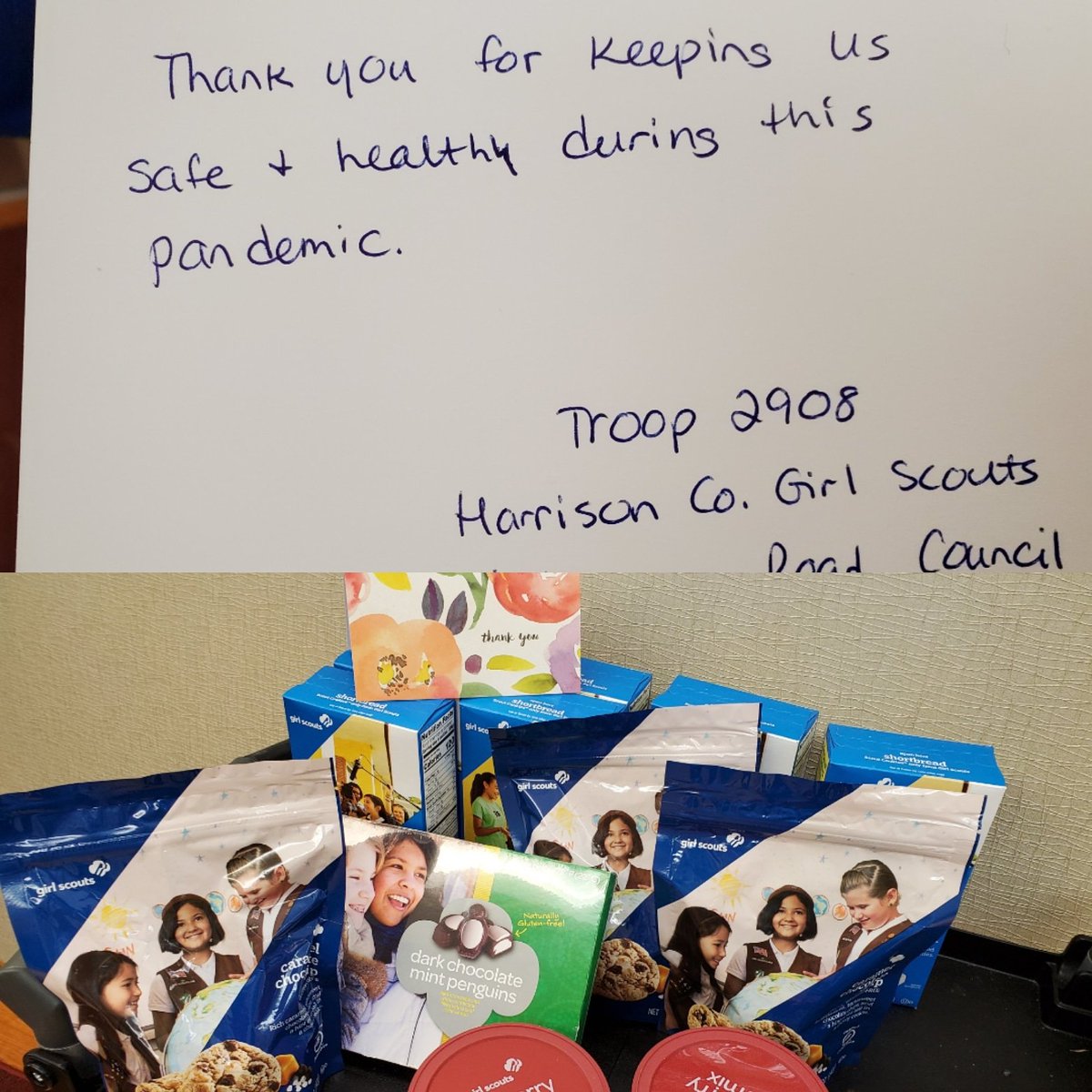harrisonmemhosp's tweet photo. Thank you Harrison County Girl Scout Troop 2908 for the yummy snacks. HMH is continually amazed by the generosity of the communities we serve. #teamkentucky #togetherky #hmhstrong https://t.co/aTgivG8l4o