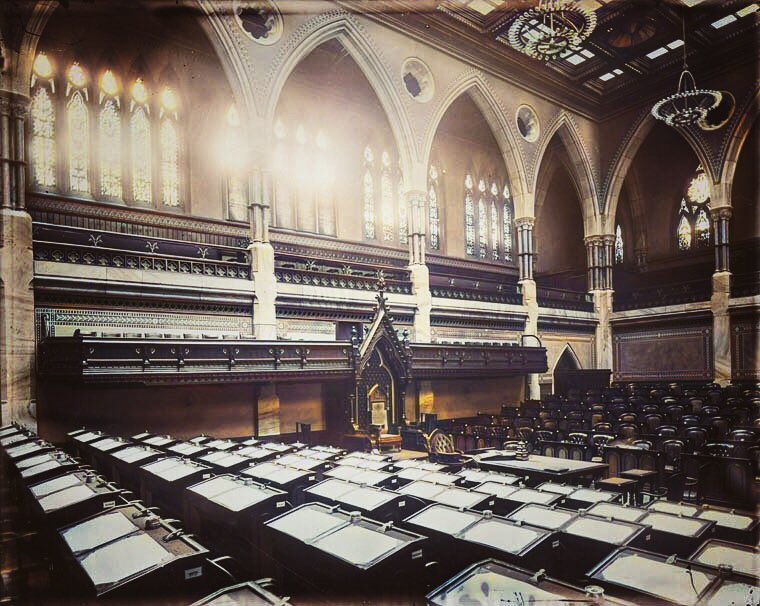 On the left is the original, *original* House of Commons which burned down. On the right is the House of Commons as it was when it reopened in Centre Block.