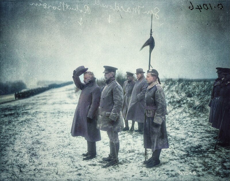 PM Robert Borden inspects troops headed to the battlefield in WW1.