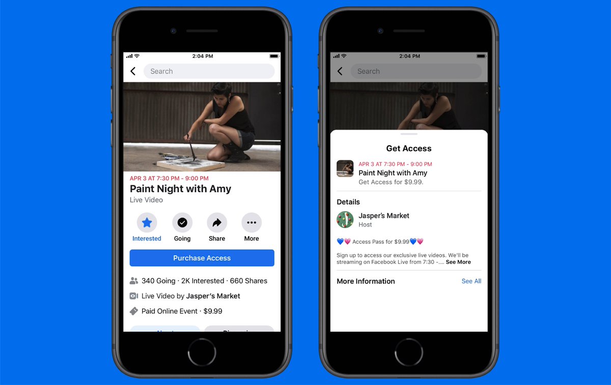 On  @facebookapp, we're bringing back Live With and have made it easier to donate and raise money directly in Live. You'll also be able to mark Facebook Events as online only and broadcast live to your guests. We're also exploring ways for Pages to charge for Live events.