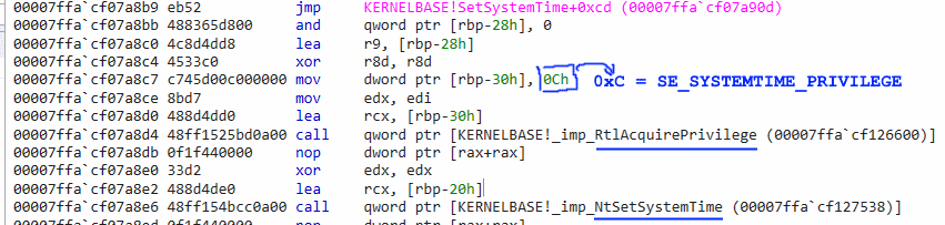 Wanted to demonstrate AdjustTokenPrivileges() -> SomePrivilegedCall() sequence, and failed with SetSystemTime(). And now I know: SetSystemTime() tries to adjusts privileges on it's own, not even checking the result, and then calls NtSetSystemTime() syscall. Interesting...