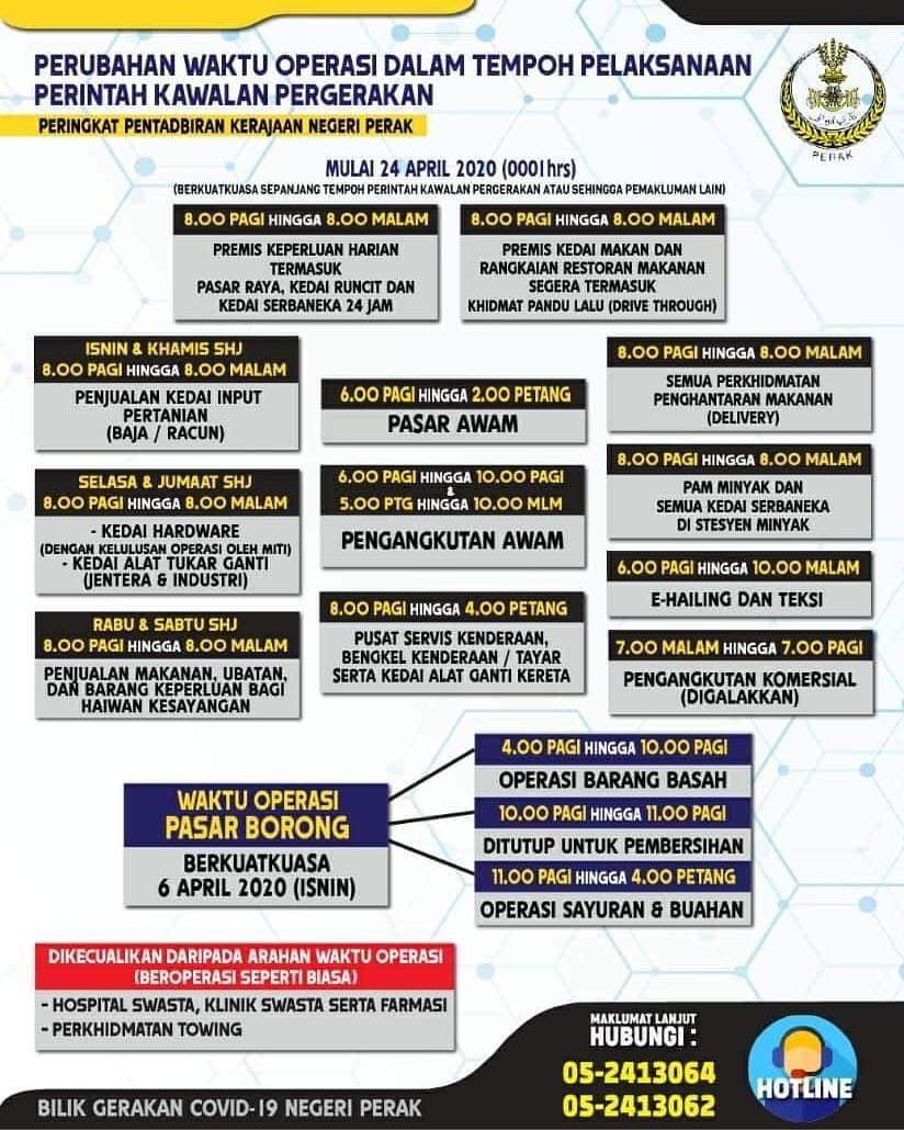 ci2cdperak's tweet photo. Perubahan Waktu Operasi Dalam Tempoh PKP Di Negeri Perak Mulai 24 April 2020.
.
Harap maklum
#staysafe #ci2cd #kitajagakita #kitamestimenang https://t.co/3kzMxysZuW