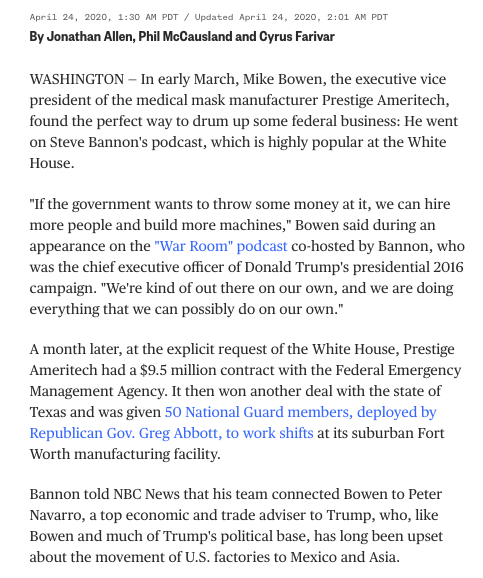 Prestige Ameritech is curious. This is a company who has been trying to get federal attention to domestic manufacturing for years. Back in 2017, Bowen called Trump’s “buy American” push as a bunch of “hot air,” when it wouldn’t sign with him. https://www.dallasnews.com/business/health-care/2017/08/14/tarrant-county-surgical-mask-maker-who-backed-trump-s-buy-american-pledge-now-sees-it-as-hot-air/