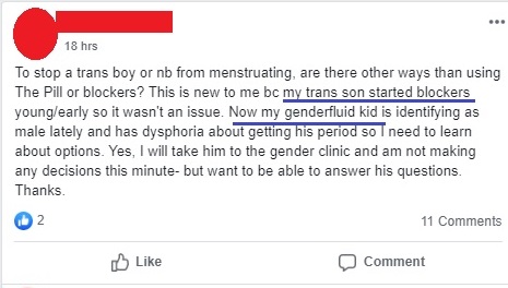 From our source in the affirming-parents FB group:A family with multiple "AFAB" kids who want to stop their periods is not unusual nowadays. This mom has one trans son (already blocked), but now the "genderfluid" 11-year-old wants to nix periods. What to do?