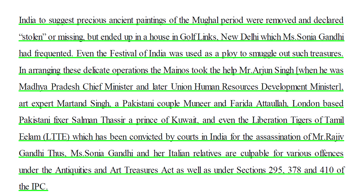 24/n From the charge-sheet: In 1993 CBI had registered cases on such illegal exports from a Chennai Suburb to an identified person in Italy. Alitalia and Air India flights were used to send unchecked crates after crates misusing the SPG cover first to Italy .