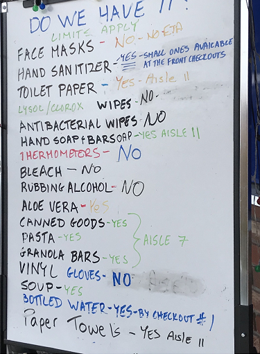 cfax1070's tweet photo. Signage notes current status of products in stock @LondonDrugs in downtown Victoria, helping customers make the decision on whether to wait in line or not #yyj #shopping #COVID19BC https://t.co/BVe6csBDcd