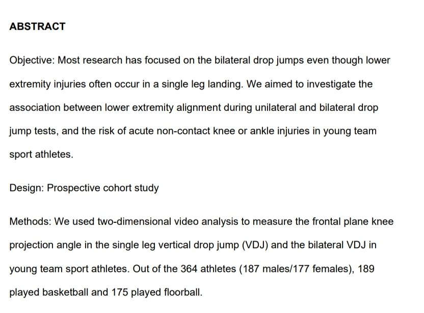 physiosinsport's tweet photo. NEW - Investigation of association between lower extremity alignment during unilateral+bilateral drop jump tests & risk of acute non-contact knee/ankle injuries in young team sport athletes @JOSPT
#2Danalysis
#injuryprevention
#dropjump
https://t.co/x9TmtYmA5p https://t.co/J8QKs6qtAG
