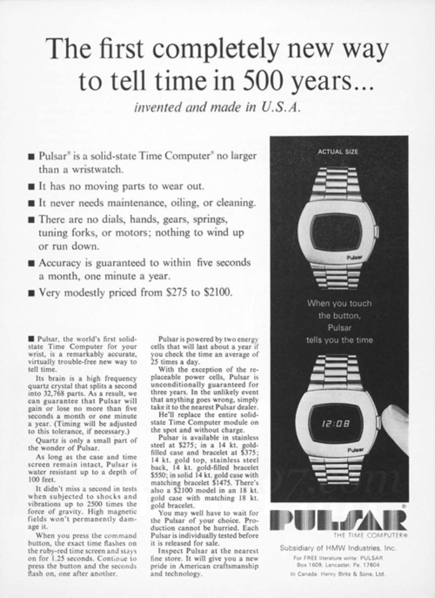 In 1972 the Pulsar Time Computer launched to a rapturous reception: it was so futuristic! A quartz timebase signal fed a set of signal counter chips that controlled five LEDs illuminating a row of seven-segment displays. It was like having Apollo Mission Control on your arm.