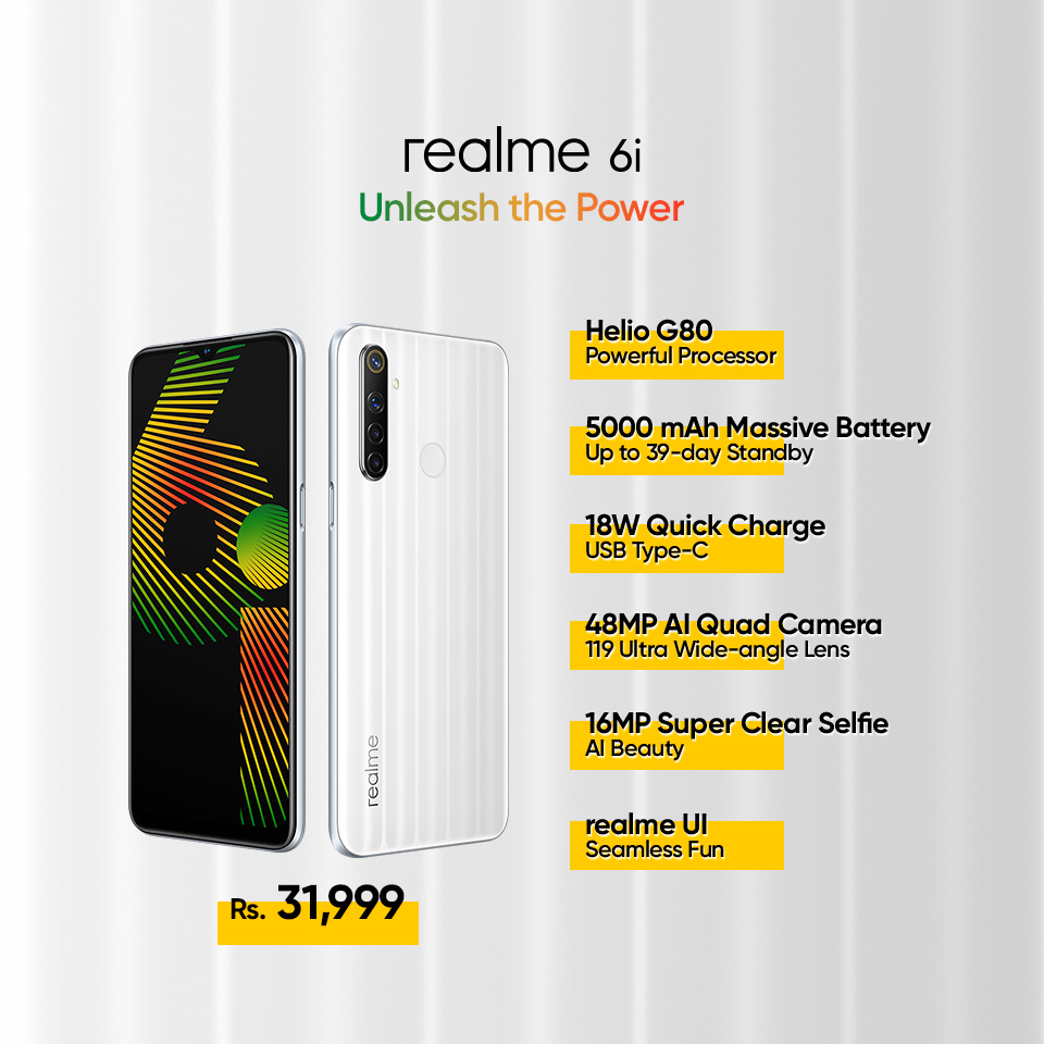 pakistan_realme's tweet photo. Hey real fans! The all new #realme6i with World's 1st #HelioG80Processor, #48MPQuadCamera, #5000mAhBiggerBattery, #18WattFastCharger and many more for just Rs.31,999. Available from 29th April in the markets all over Pakistan. #UnleashThePower #realme #DareToLeap https://t.co/2UAqIxIIRJ