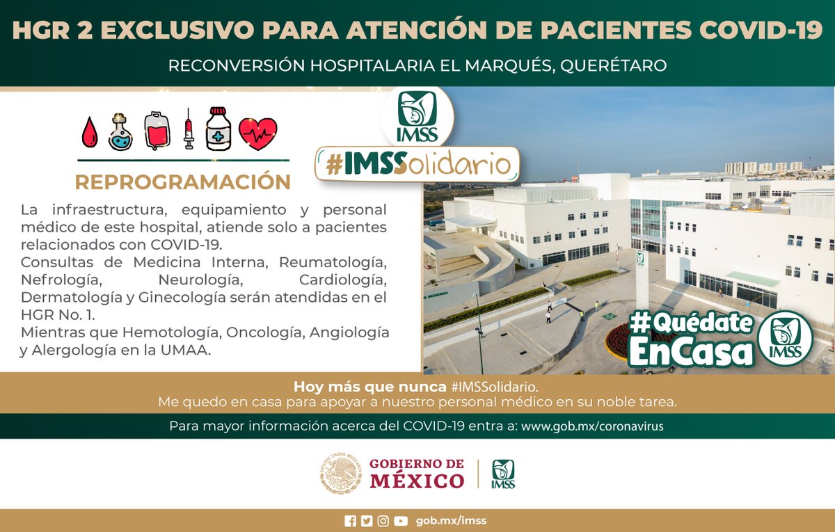 IMSSQueretaro's tweet photo. El #IMSSQuerétaro informa que el Hospital General Regional No. 2 "El Marqués", tuvo una reconversión hospitalaria para atender la contingencia por #COVID19. #MéxicoUnido #IMSSolidario https://t.co/fFmCasyTRJ